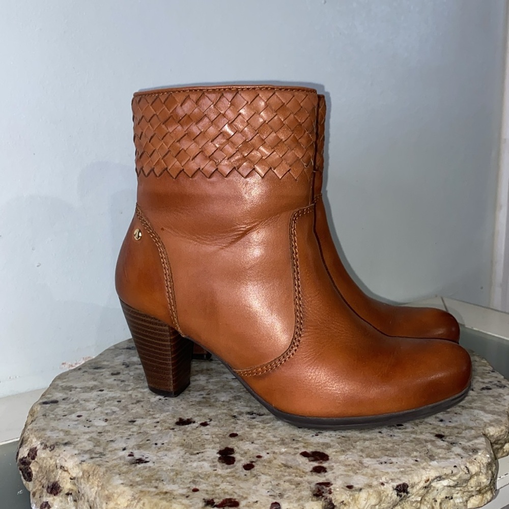 Pikolinos Leather Woven Cognac Brown Side Zipper Heeled Ankle Boot 36 (US 5.5-6)